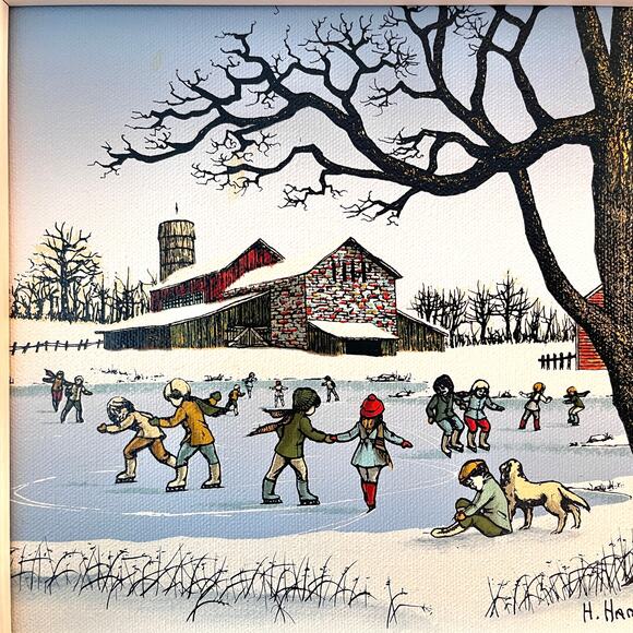H. Hargrove The Ice Skating Pond Country Scene Framed Oil Painting Canvas Signed - Picture 7 of 15